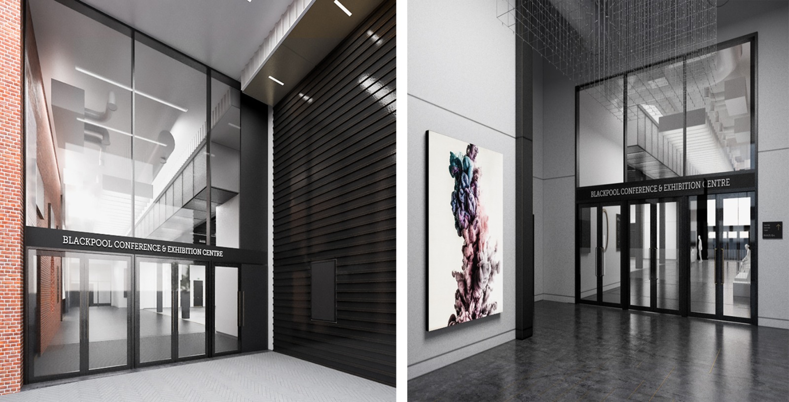 Blackpool Conference and Exhibition Centre entrance doors, internal and external views