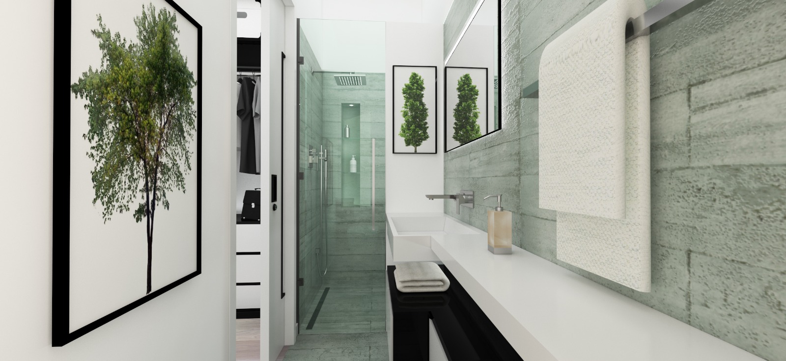 Shower room with concrete-effect walls and white vanity
