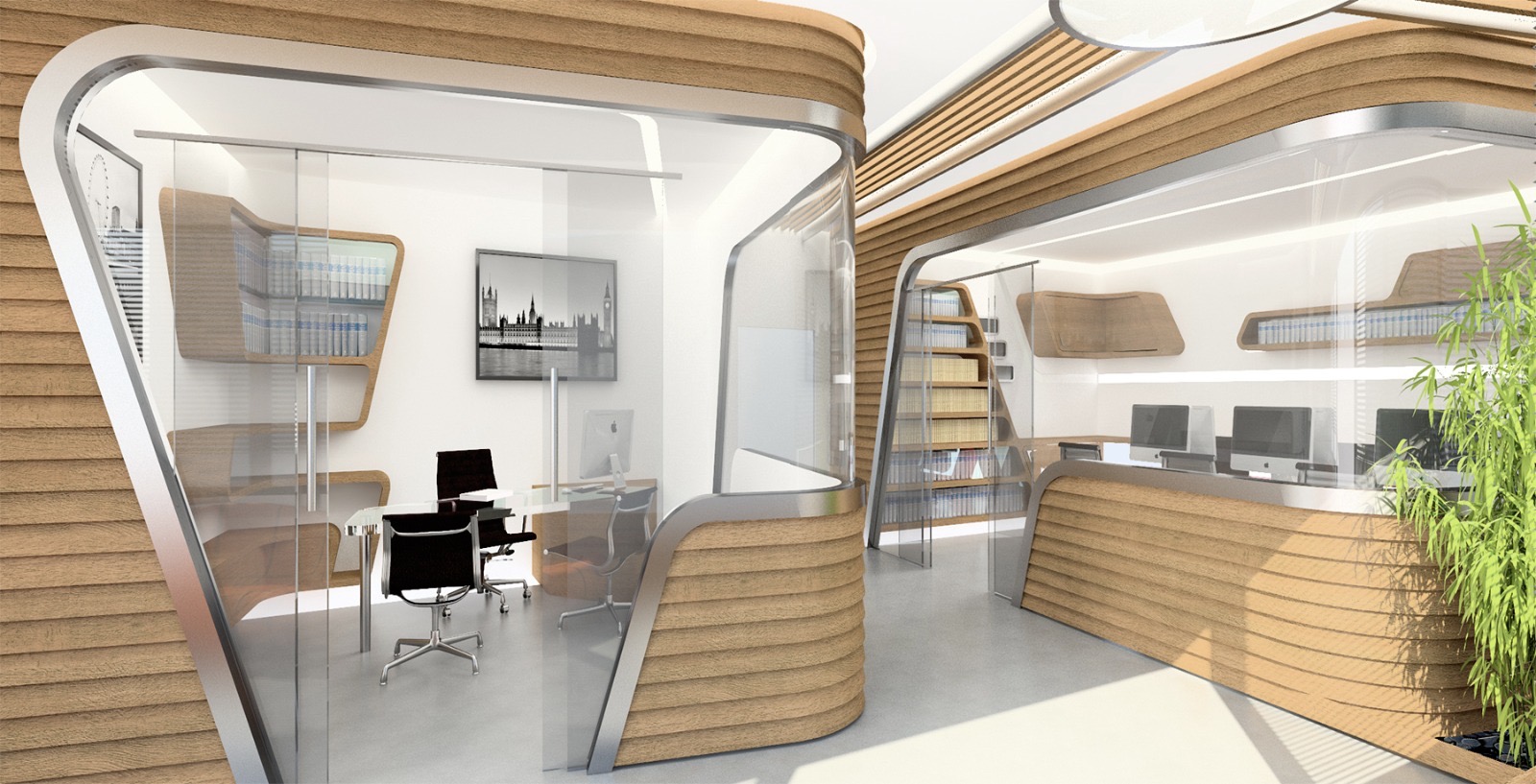 Glazed private office and curved timber reception desk in a City of London law firm