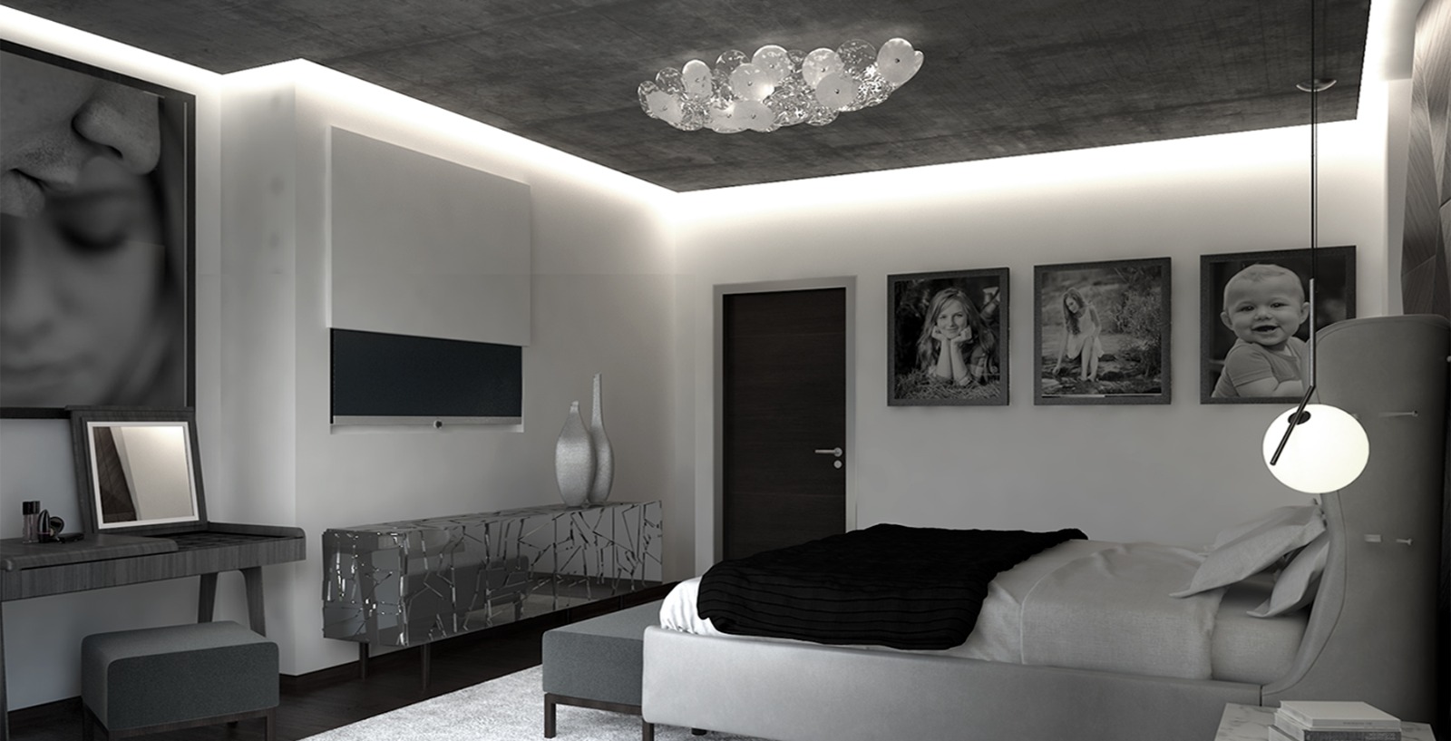 Principal bedroom with concrete ceiling and cove lighting