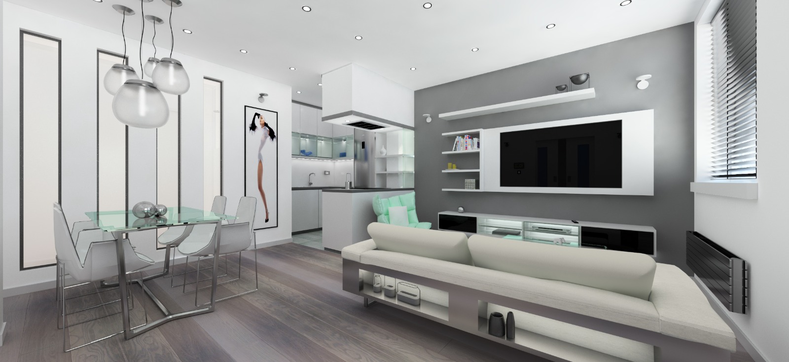 Open-plan living and dining with glass table and media wall