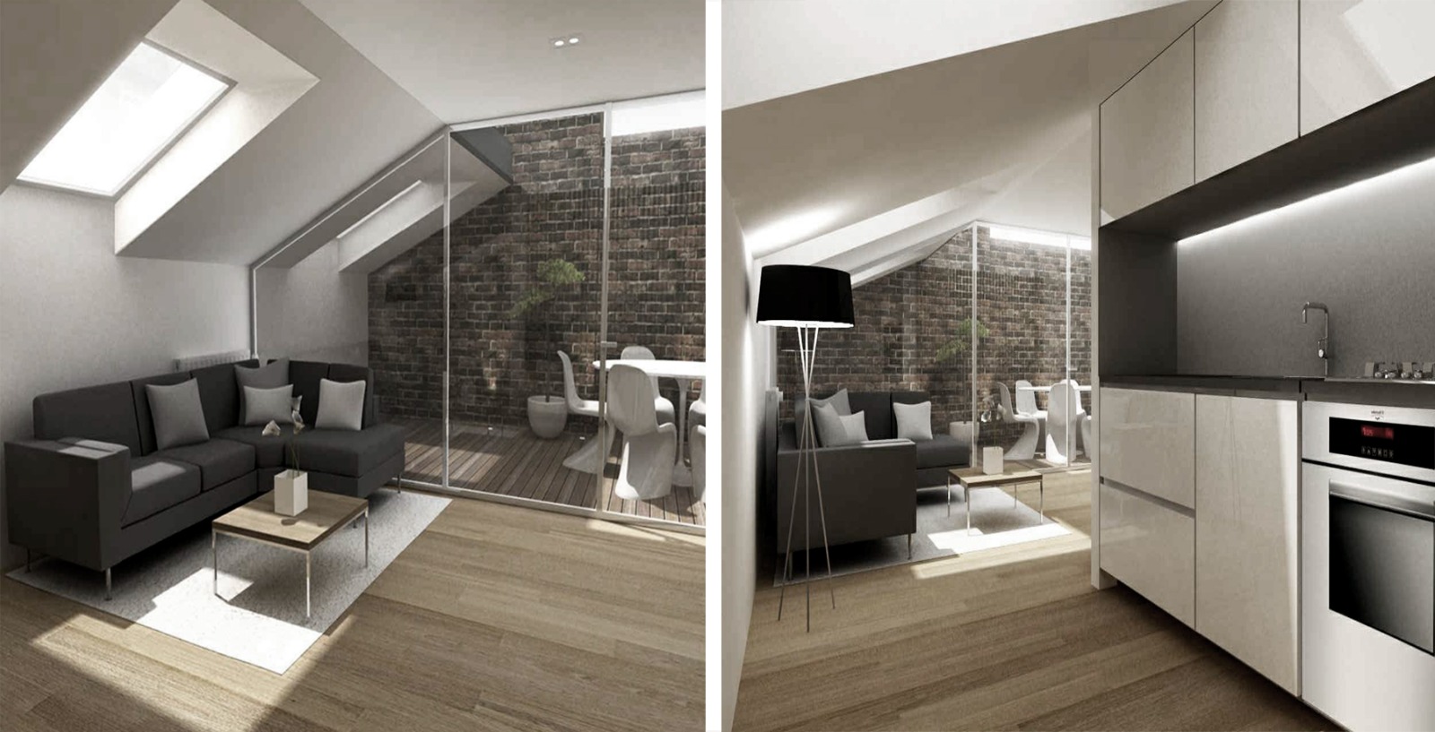 Loft living space opening to brick-walled terrace