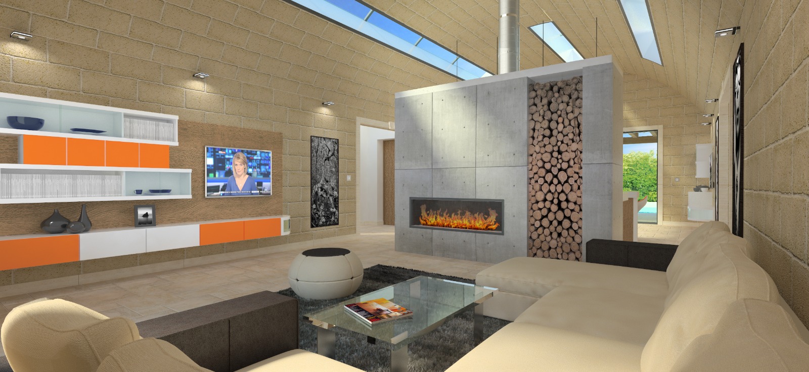 Open lounge with concrete fireplace and log store beneath rooflights