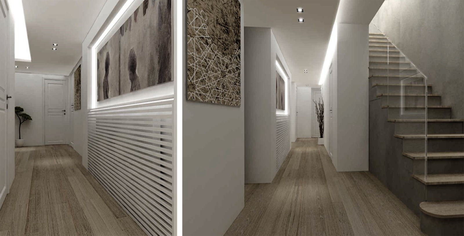 Apartment — hallway with backlit artwork and glazed stair
