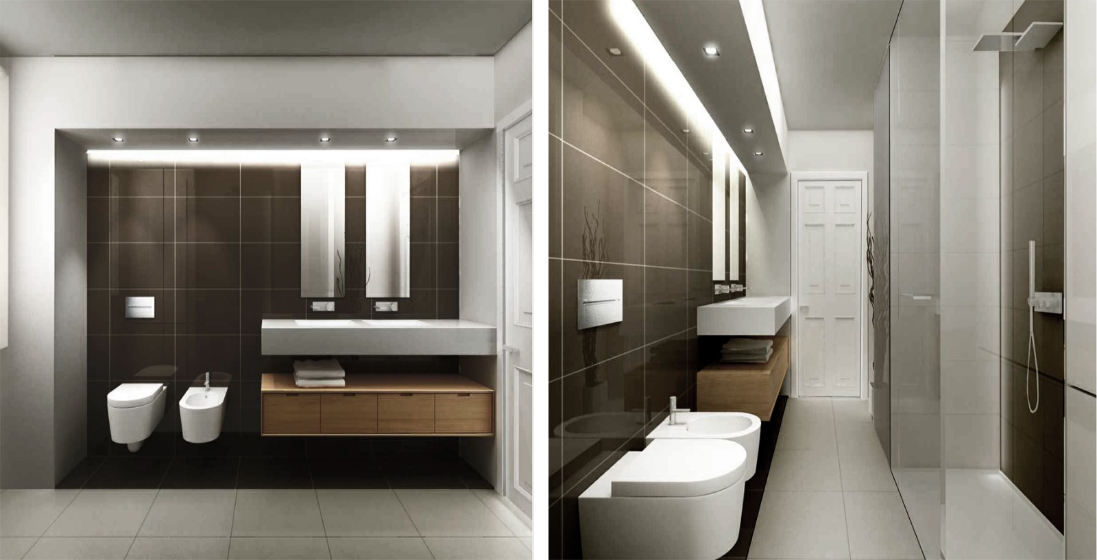 Brown-tiled bathroom with twin mirrors and walk-in shower