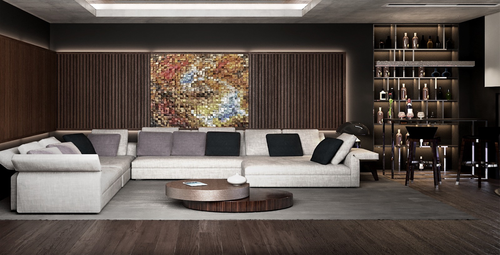 Living room with slatted timber wall, mosaic artwork and bar
