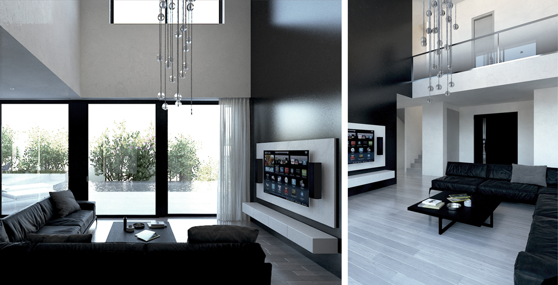 Double-height living room with sculptural pendant lights
