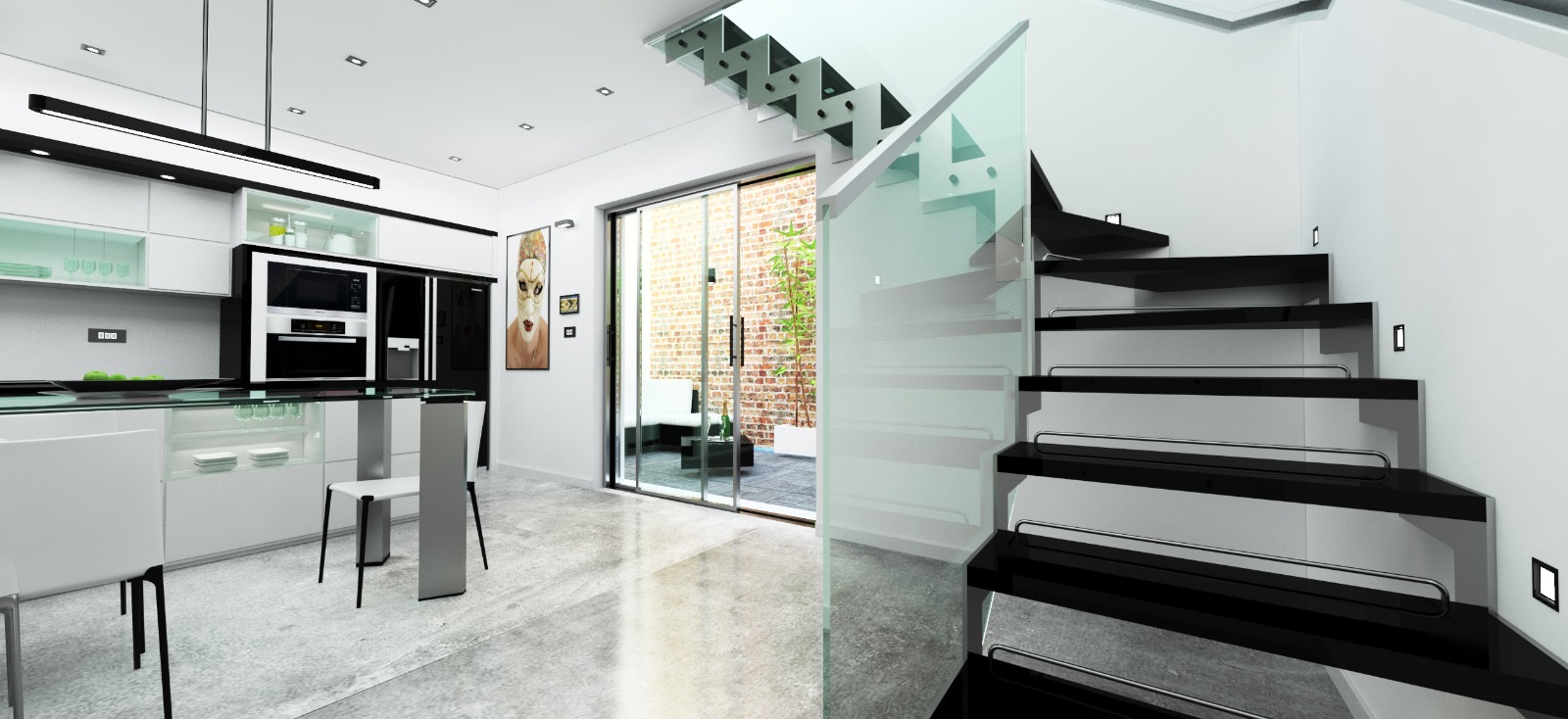 Kitchen with black floating staircase and sliding doors to the courtyard