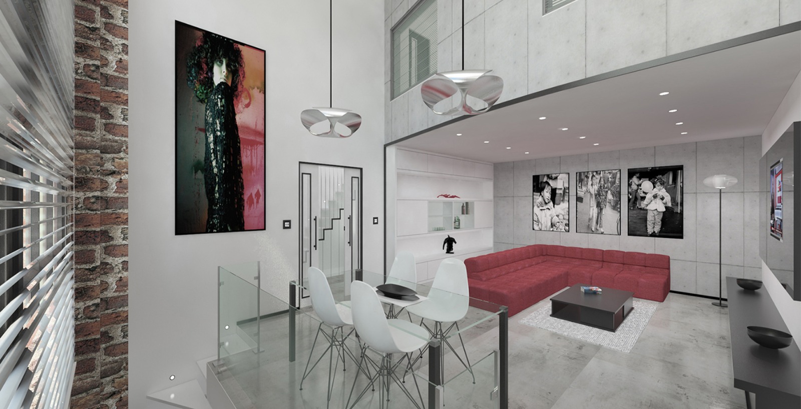 Double-height living and dining space with red modular sofa