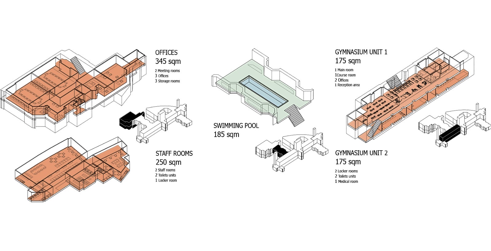 Axonometric studies of proposed offices, staff rooms, swimming pool and gymnasium units with areas