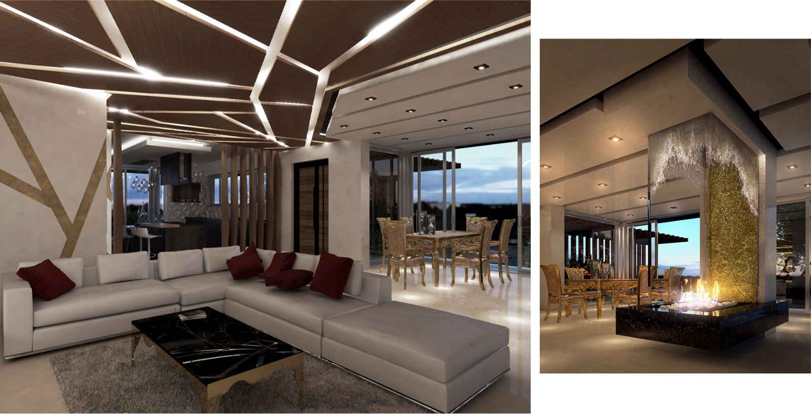 Open-plan living room with sculpted timber ceiling and feature fireplace