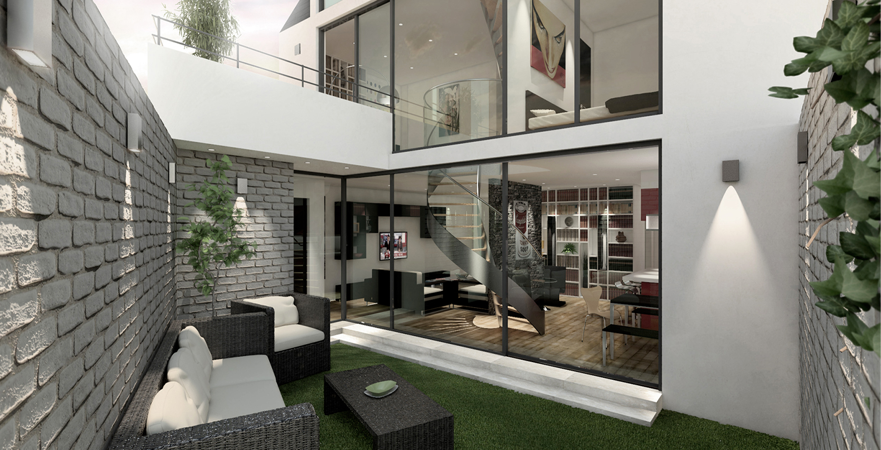Hammersmith house — courtyard garden with spiral staircase view into living room