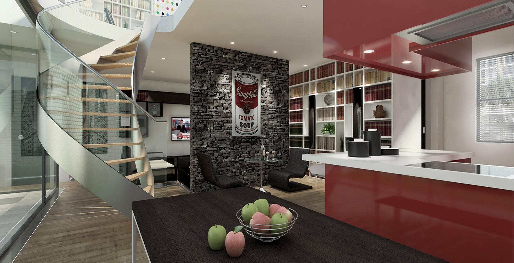 Spiral staircase beside stone feature wall and red kitchen