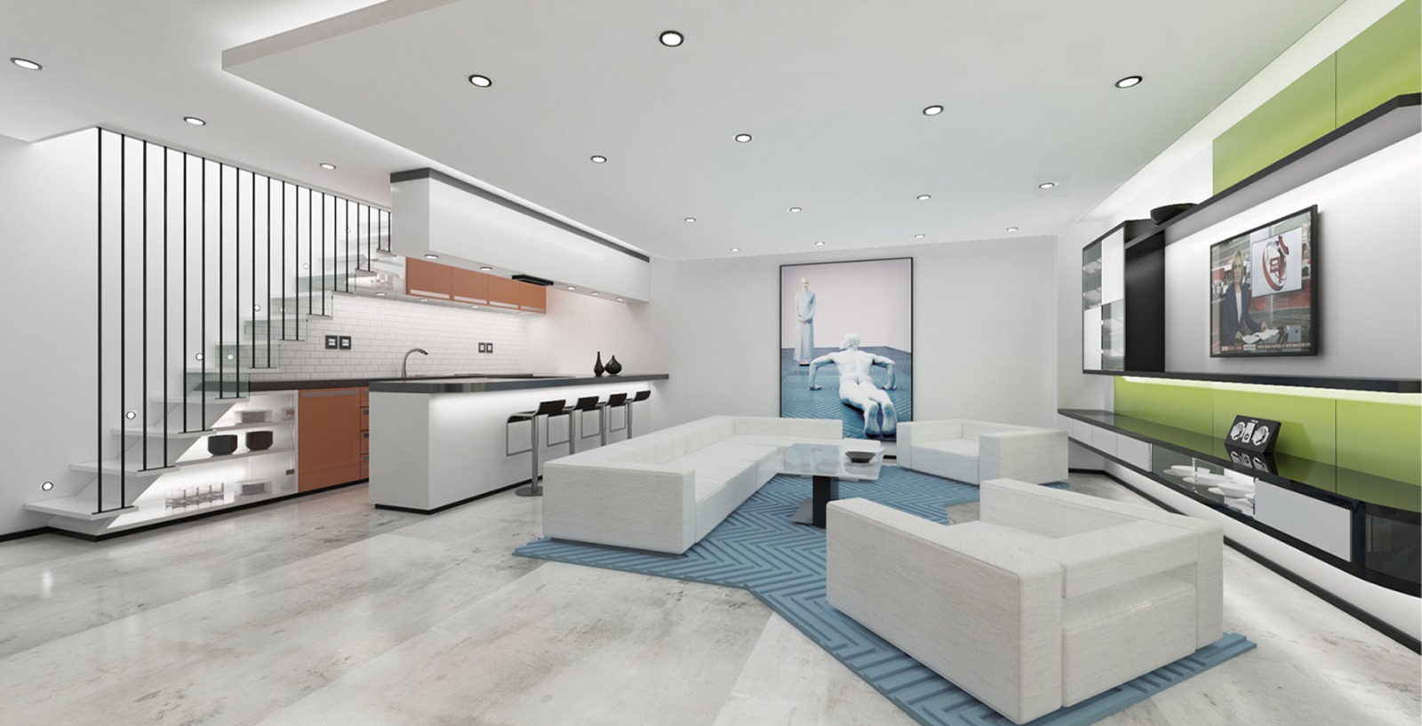 Open-plan living and kitchen space with feature stair