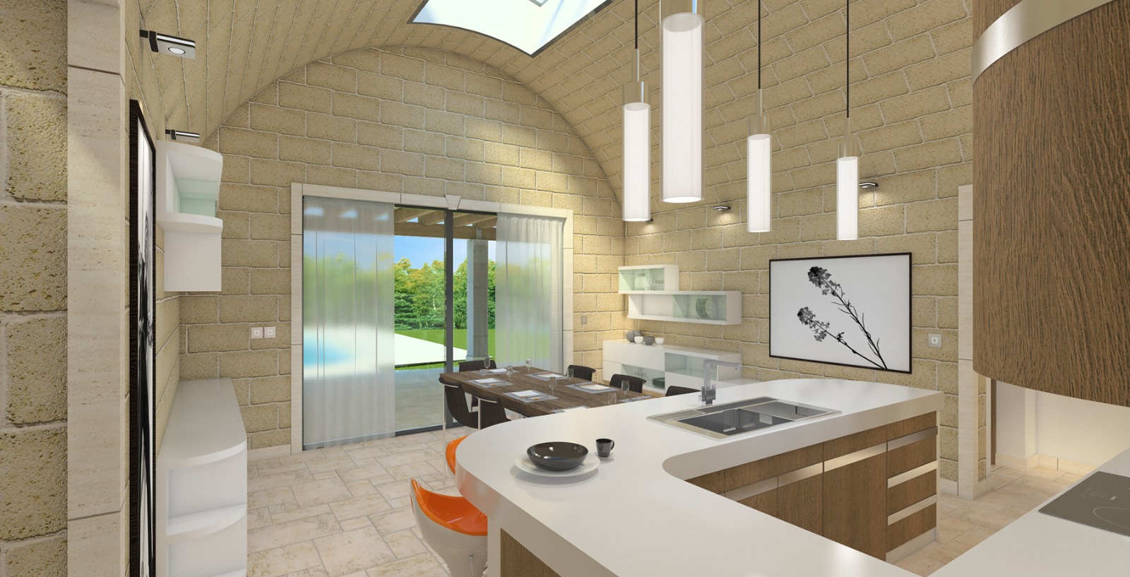Curved kitchen island under a vaulted limestone ceiling