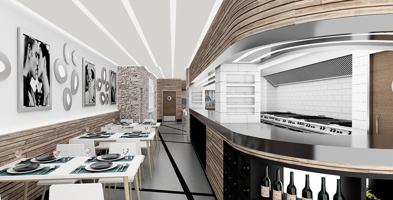 Narrow dining run with framed photography and curved timber bar