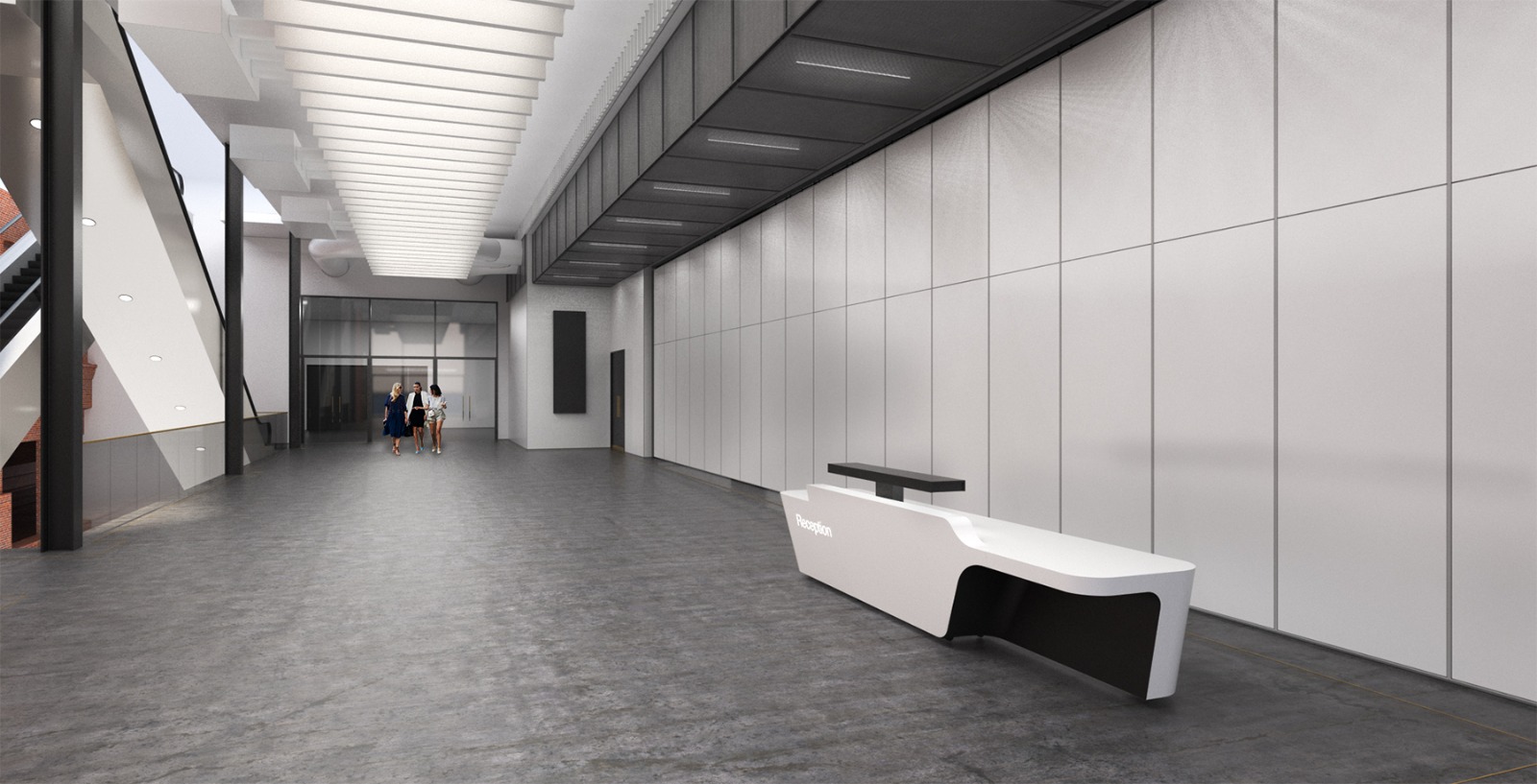 Reception hall with sculpted desk and full-height panelled wall