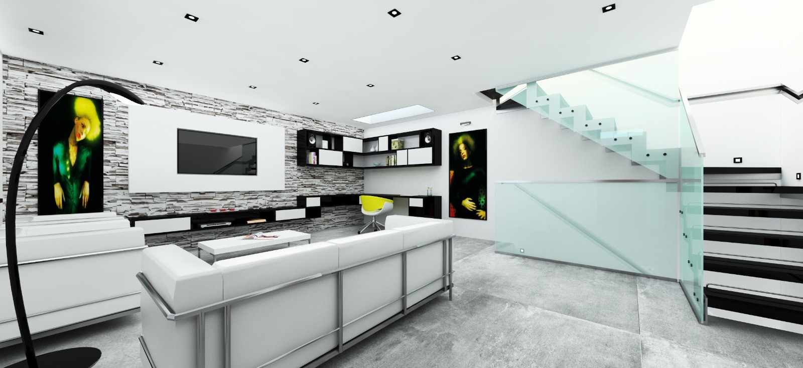 Westminster mews house living room with stone feature wall and glass balustrade