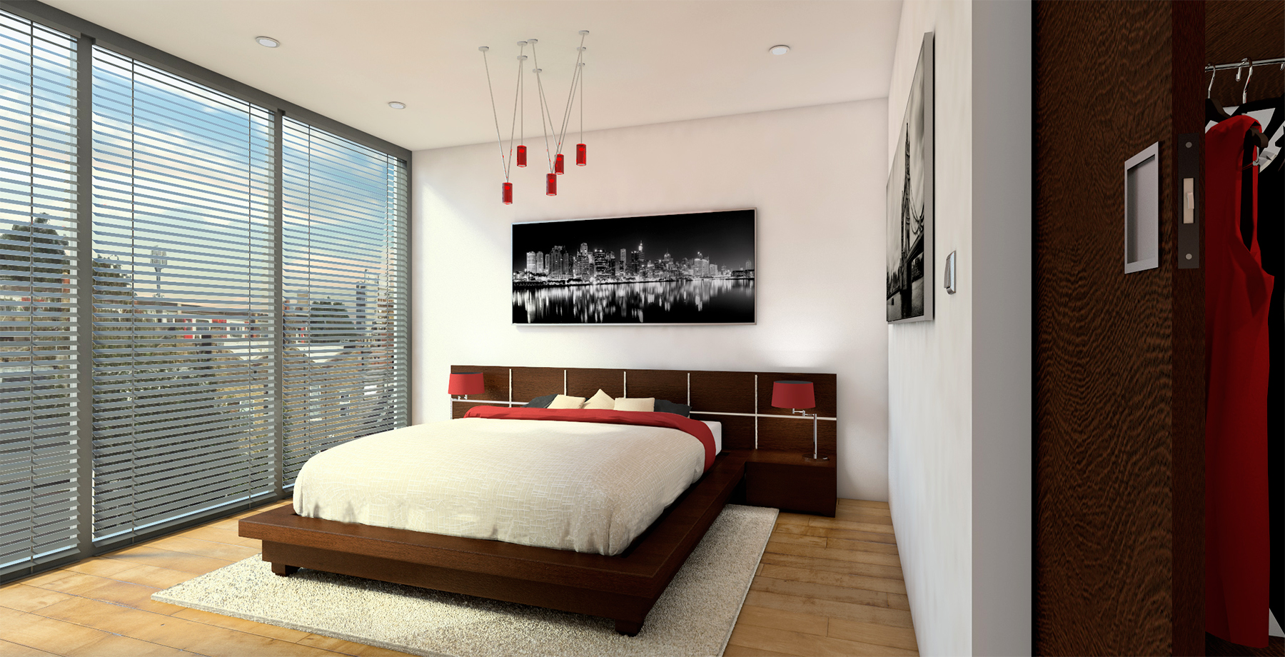 Master bedroom with timber bed and city skyline artwork