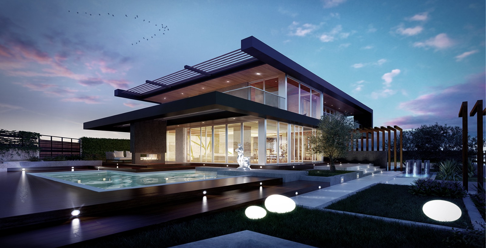 Timber and glass villa at dusk with reflecting pool and lit garden
