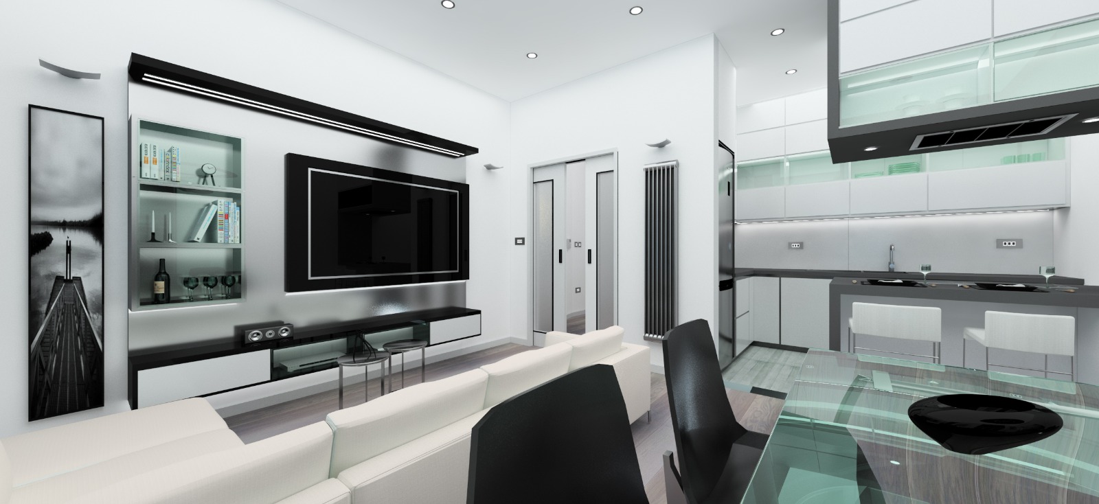 Media wall joinery beside the galley kitchen