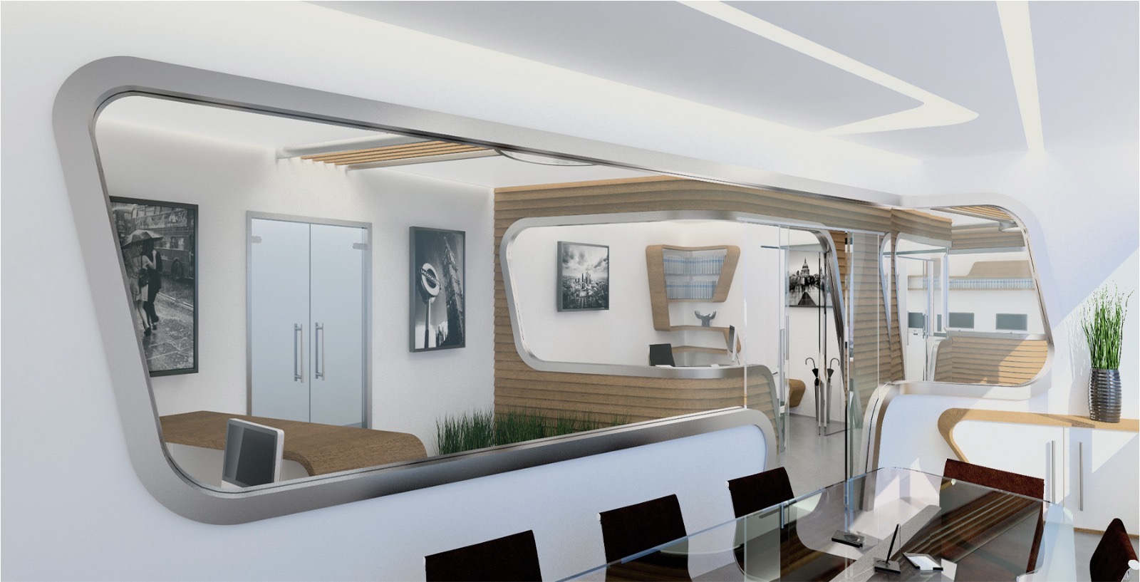 Internal glazed aperture framing the circulation spine and meeting rooms