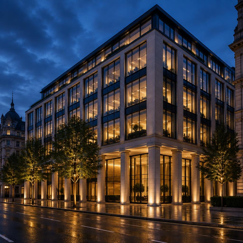 Prime London commercial office building with colonnade and glowing floor plates at dusk