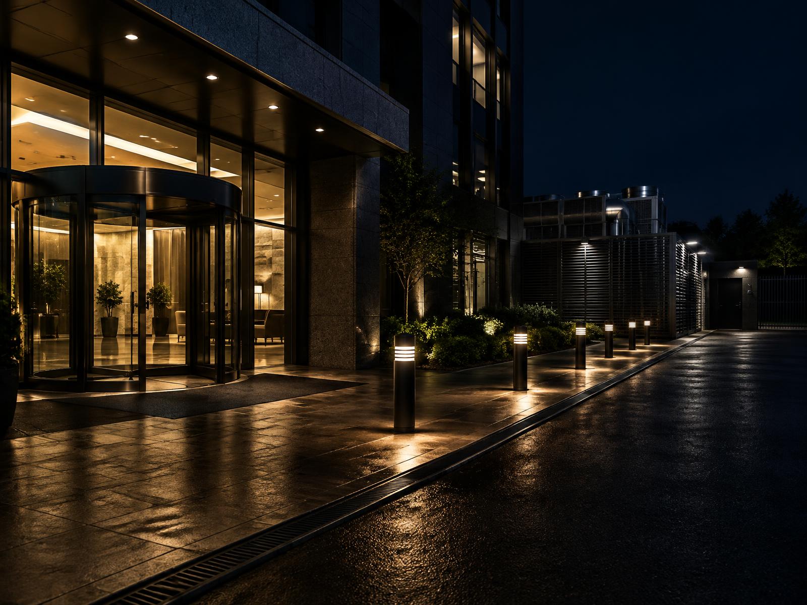 Commercial building lobby and fire-route bollard lighting along a stone-clad flank at night