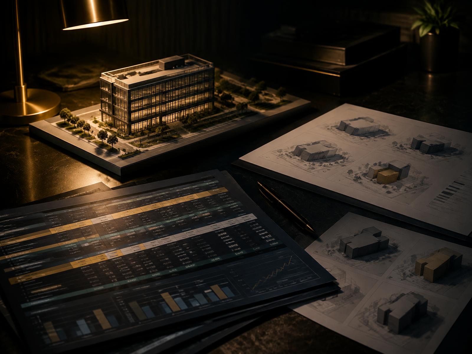Scale model of a commercial building beside portfolio spreadsheets and massing option drawings