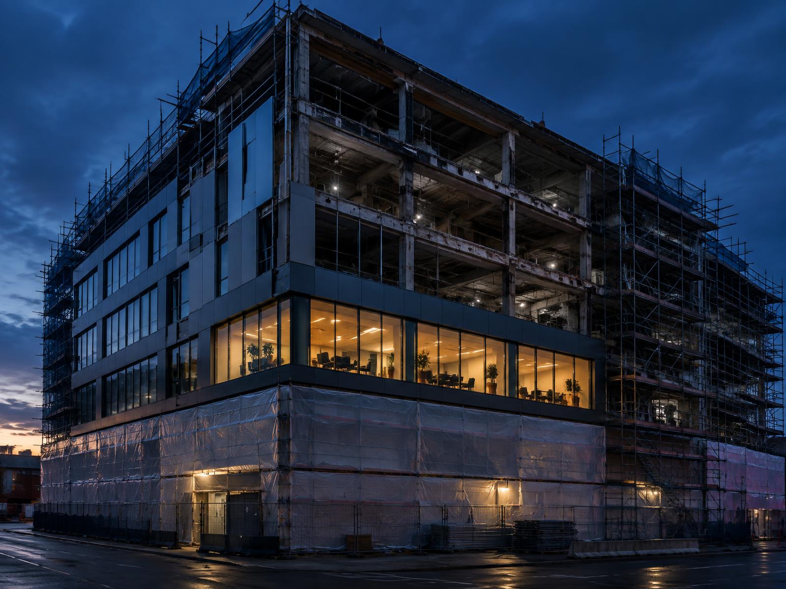 Generic office building mid-refurbishment with new facade panels and one finished lit floor at dusk