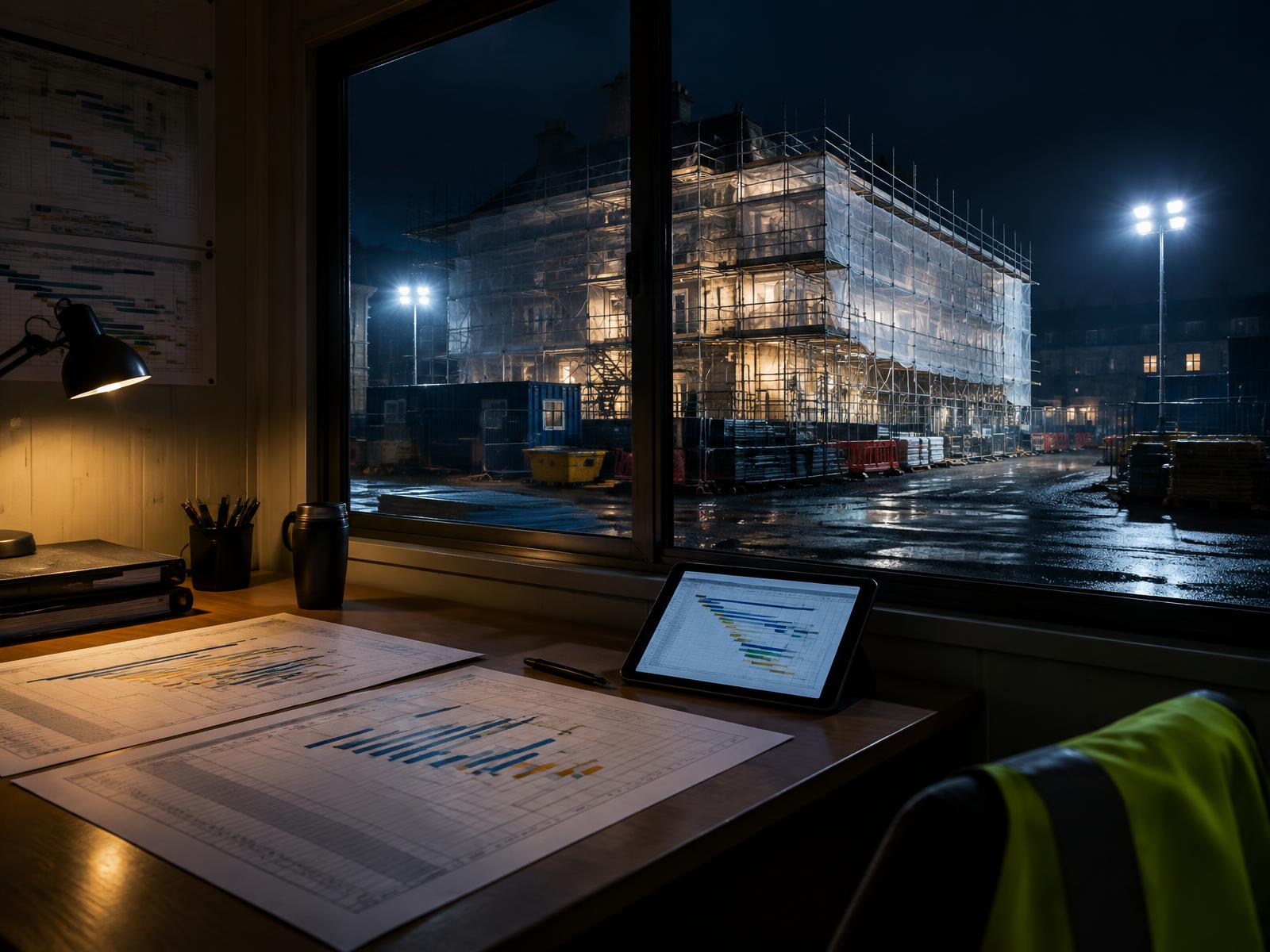 Site office desk with programme charts and tablet overlooking a floodlit refurbishment at night