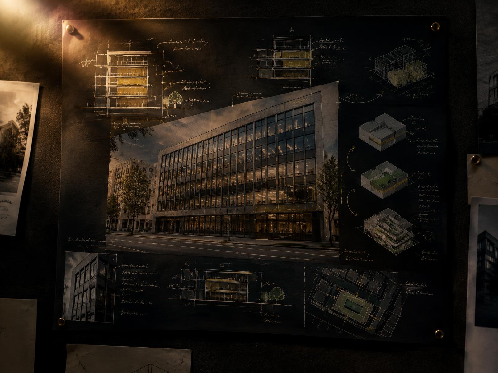 Annotated building sections and repositioning option sketches layered over an office facade photograph