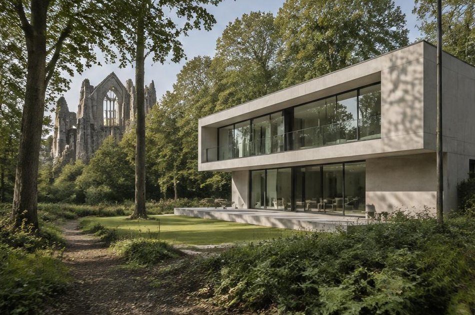 Contemporary concrete and glass house at the edge of woodland with abbey ruins beyond in Abbey Wood