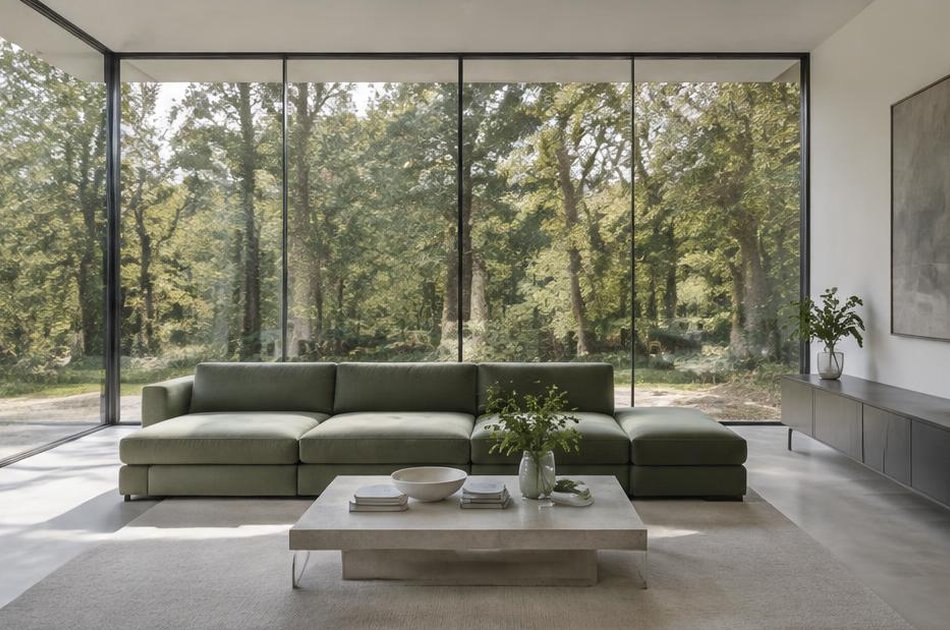 Living room with full-height glazing into woodland in Abbey Wood