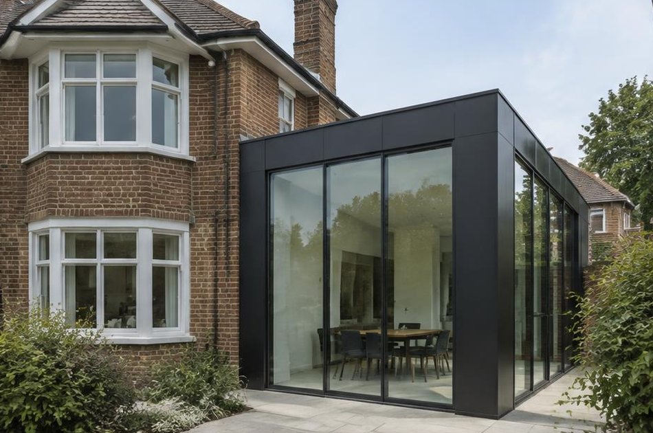 1930s house beside a black-framed glass extension in Abbey Wood