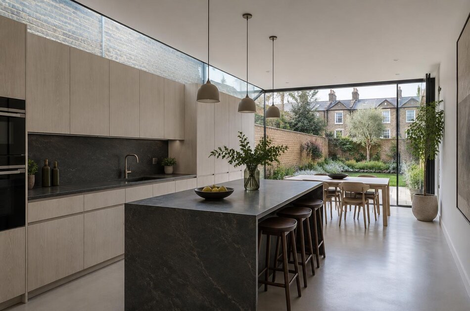 Contemporary kitchen extension with rooflight in an Acton terrace