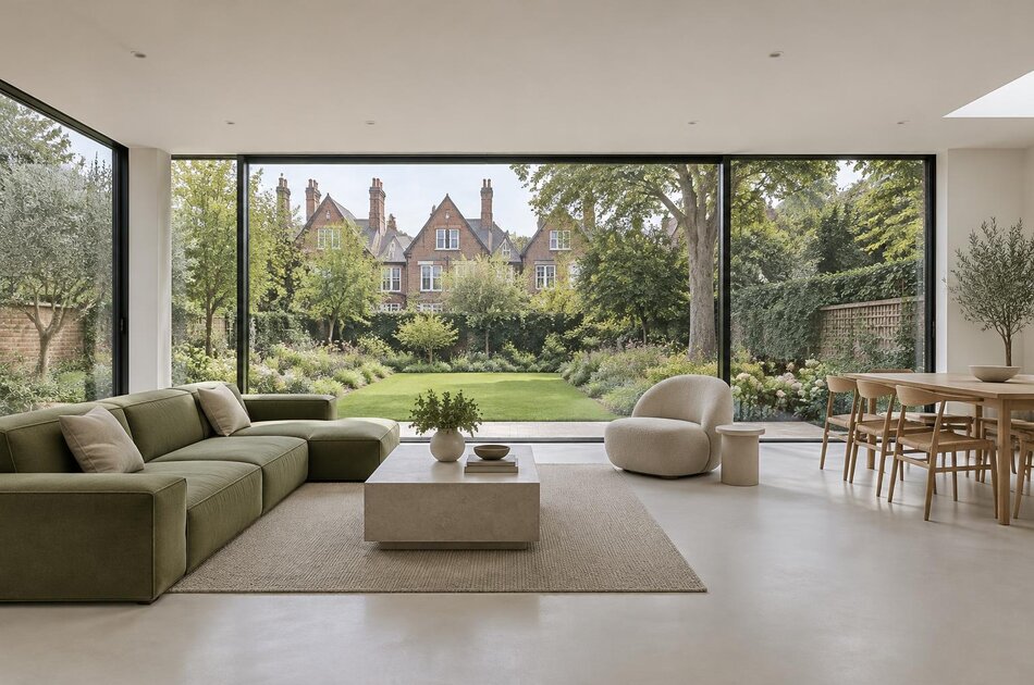 Living space with a linear sofa overlooking garden-suburb houses in Acton
