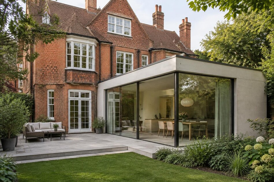 Red-brick Victorian house beside a glazed contemporary extension in Acton