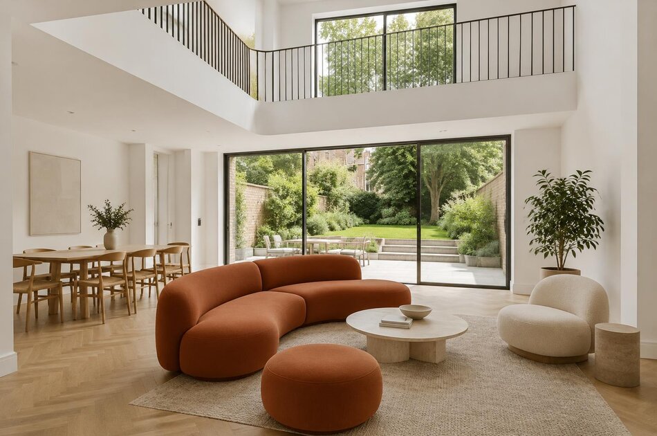 Refurbished double-height interior with a curved sofa in an Acton villa