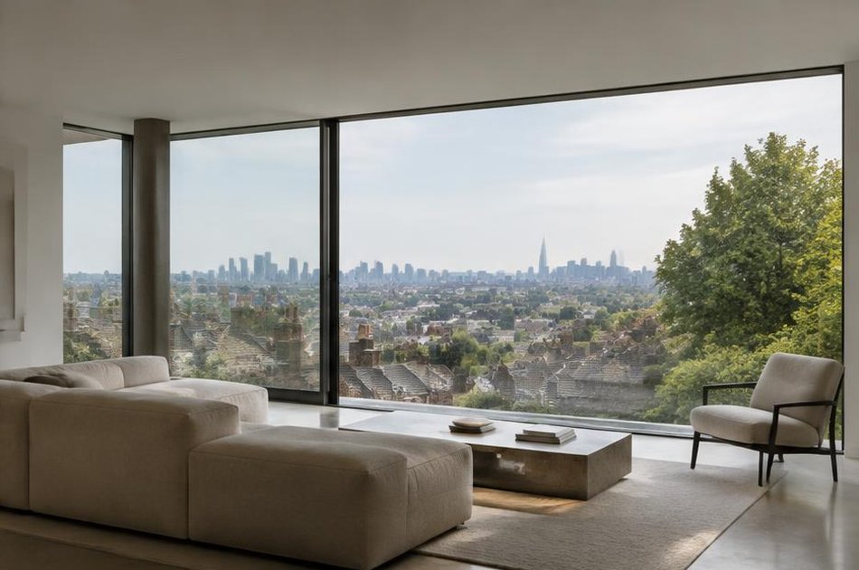 Minimalist living space with broad glazing onto local streets in Archway
