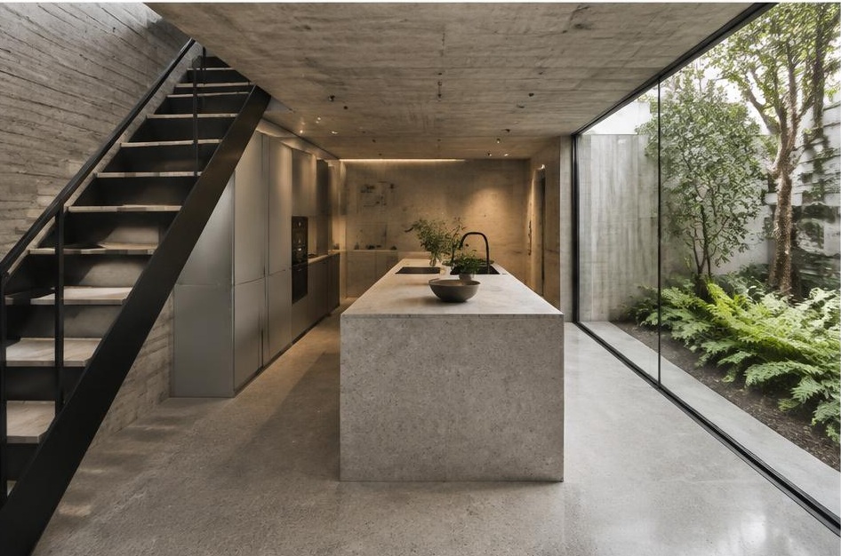 Contemporary kitchen with open staircase and glazing onto a residential garden in Balham