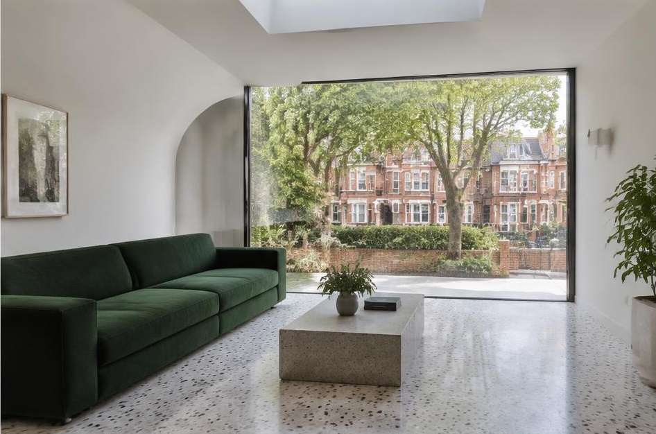 Minimalist living room with a structured fabric sofa and views of Balham homes and gardens