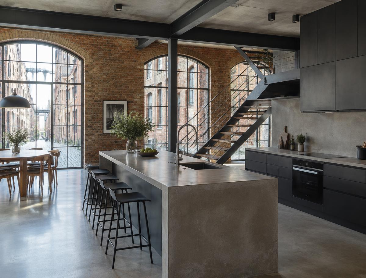 Contemporary kitchen with an open staircase and glazing onto a residential garden in Bankside