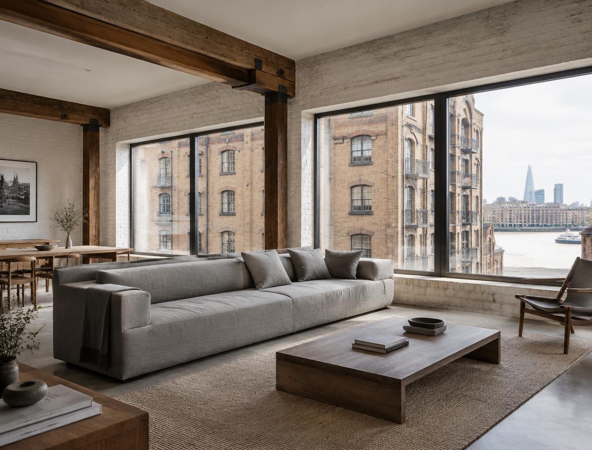 Minimalist contemporary room with straight fabric seating and views onto converted riverside warehouses in Bankside