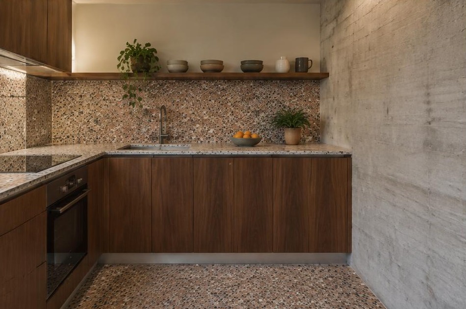 Completed walnut and terrazzo kitchen beside board-marked concrete
