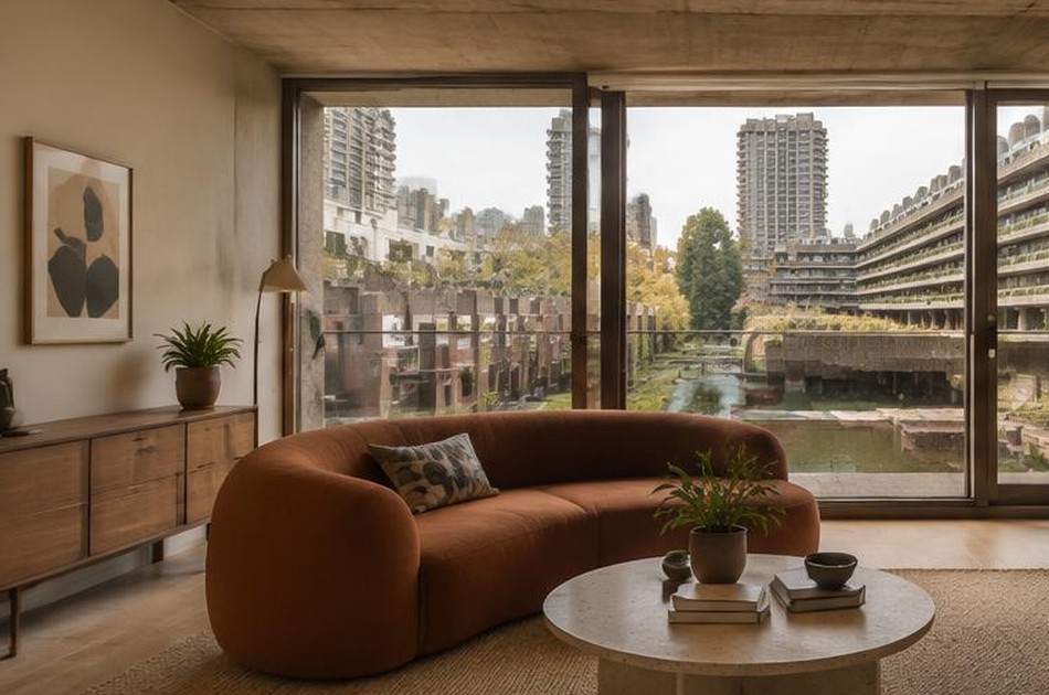 Warm contemporary living room overlooking the Barbican towers and lakeside