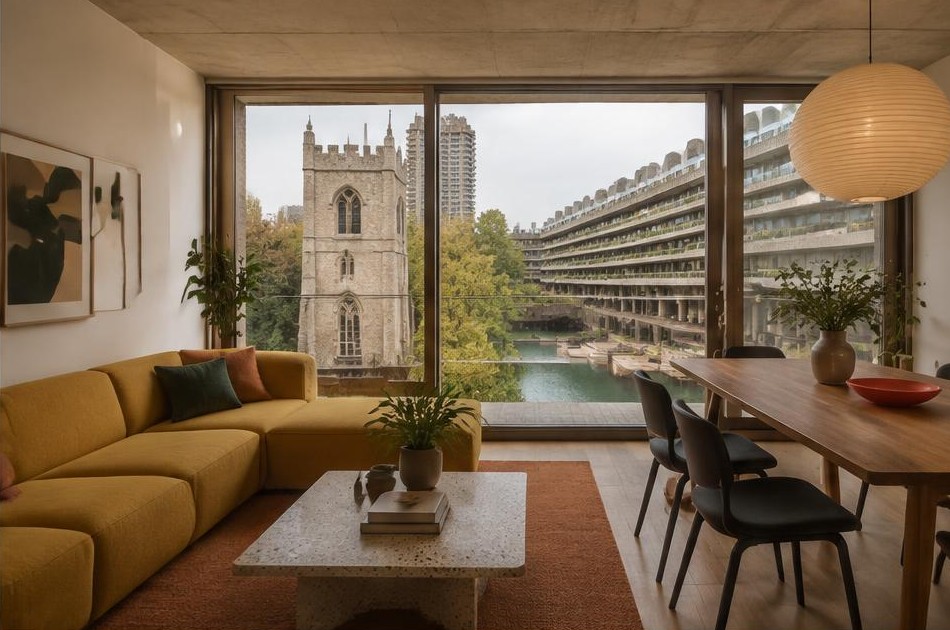 Living and dining space with views of St Giles Cripplegate and the Barbican lake