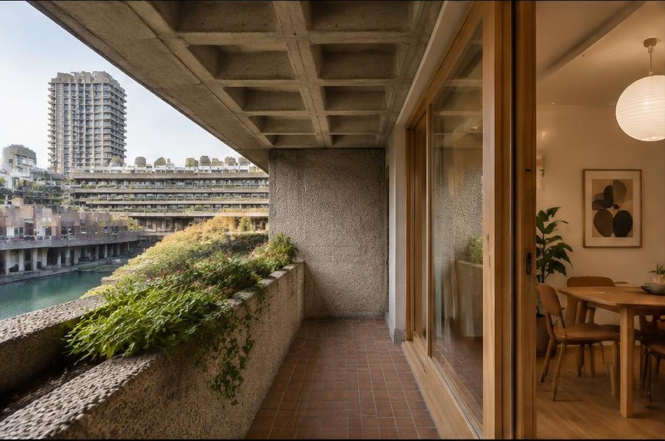 Original Barbican balcony window box and coffered concrete ceiling beside a new timber-framed interior