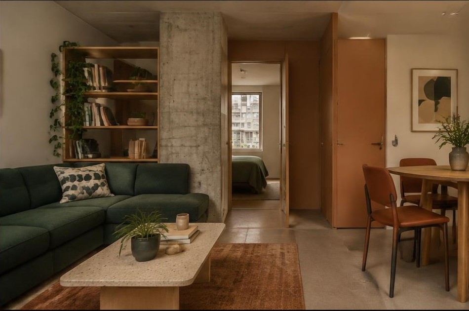 Refurbished Barbican flat with exposed concrete column and warm contemporary furnishings