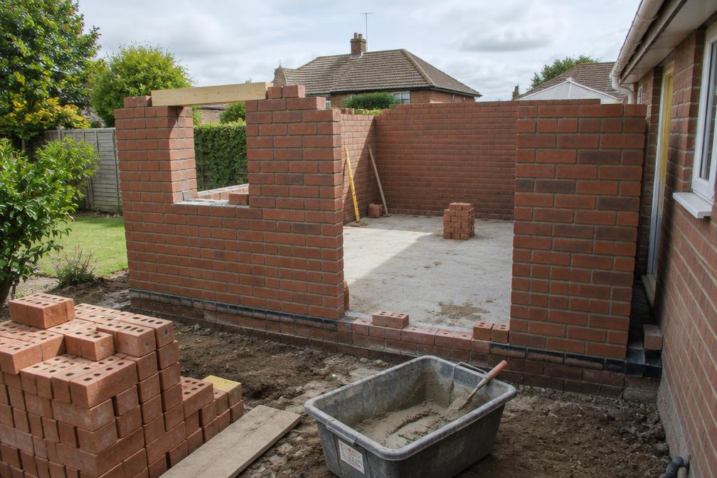 Bricklayers building a single-storey extension in a suburban garden
